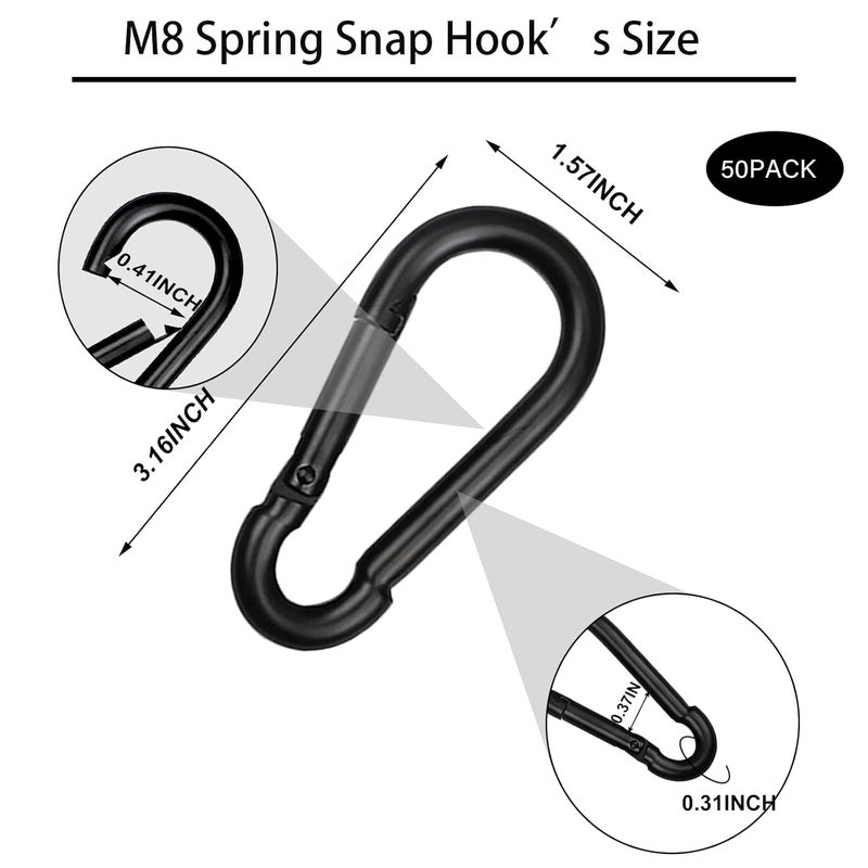HANDRERLEE 50 PCS 3'' Spring Snap Hook Carabiner, M8 5/16 Inch Galvanized Black Steel Carabiner Clip, 500LBS Holding Capacity Quick Link Clip Keychain for Hammock Dog Leash & Camping Gym - Image 2